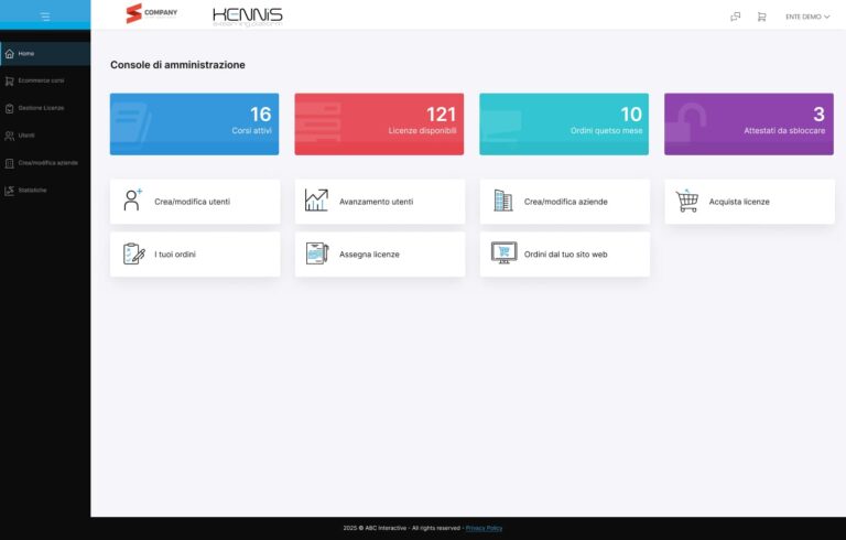 Dashboard di gestione della piattaforma