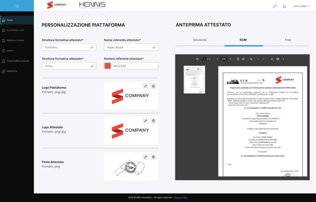 Personalizzazione attestati e interfaccia del white label